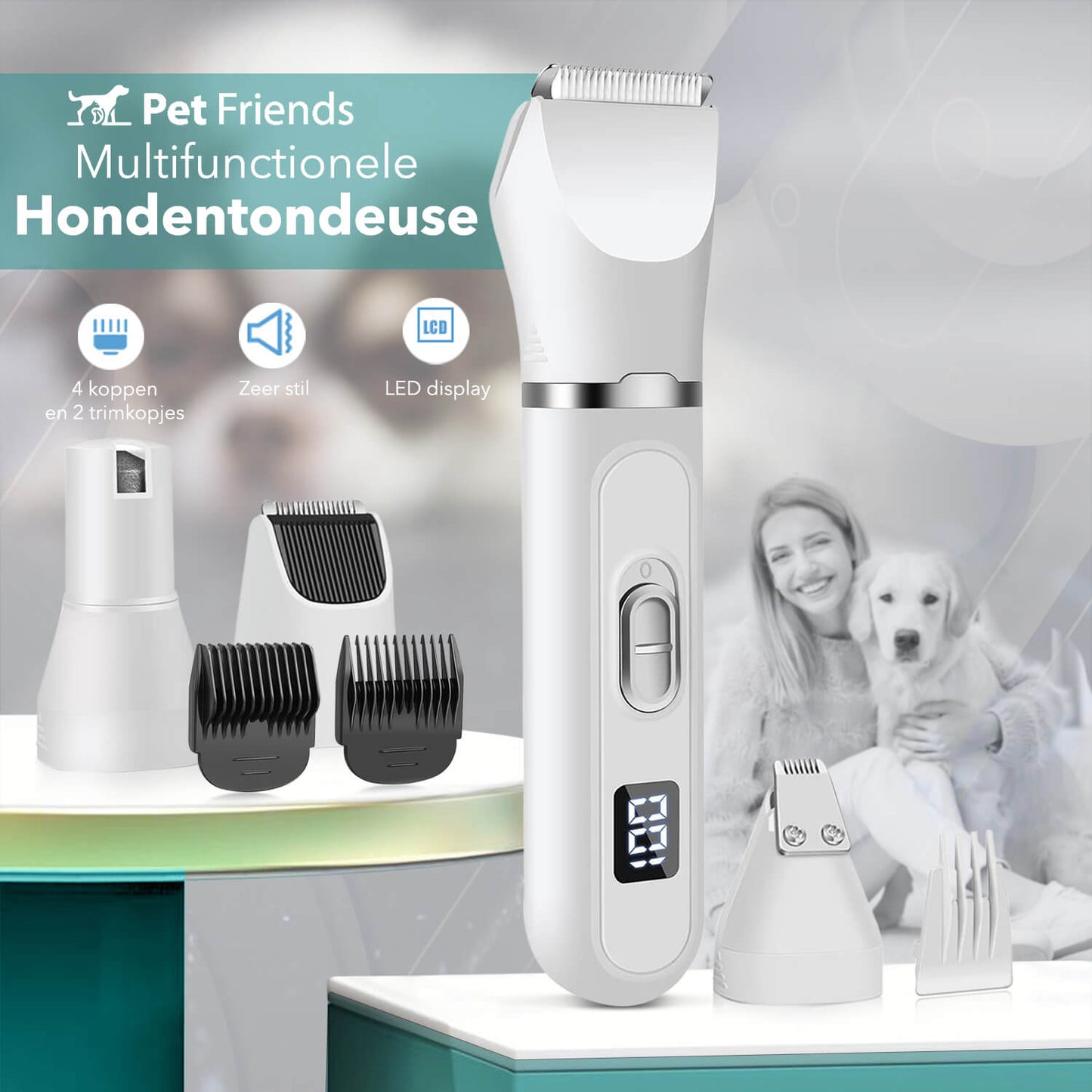 PetFriends Professionele 4-in-1 Hondentondeuse: Draadloos - Inclusief Nagelvijl Opzetstuk - De Gatgetwinkel