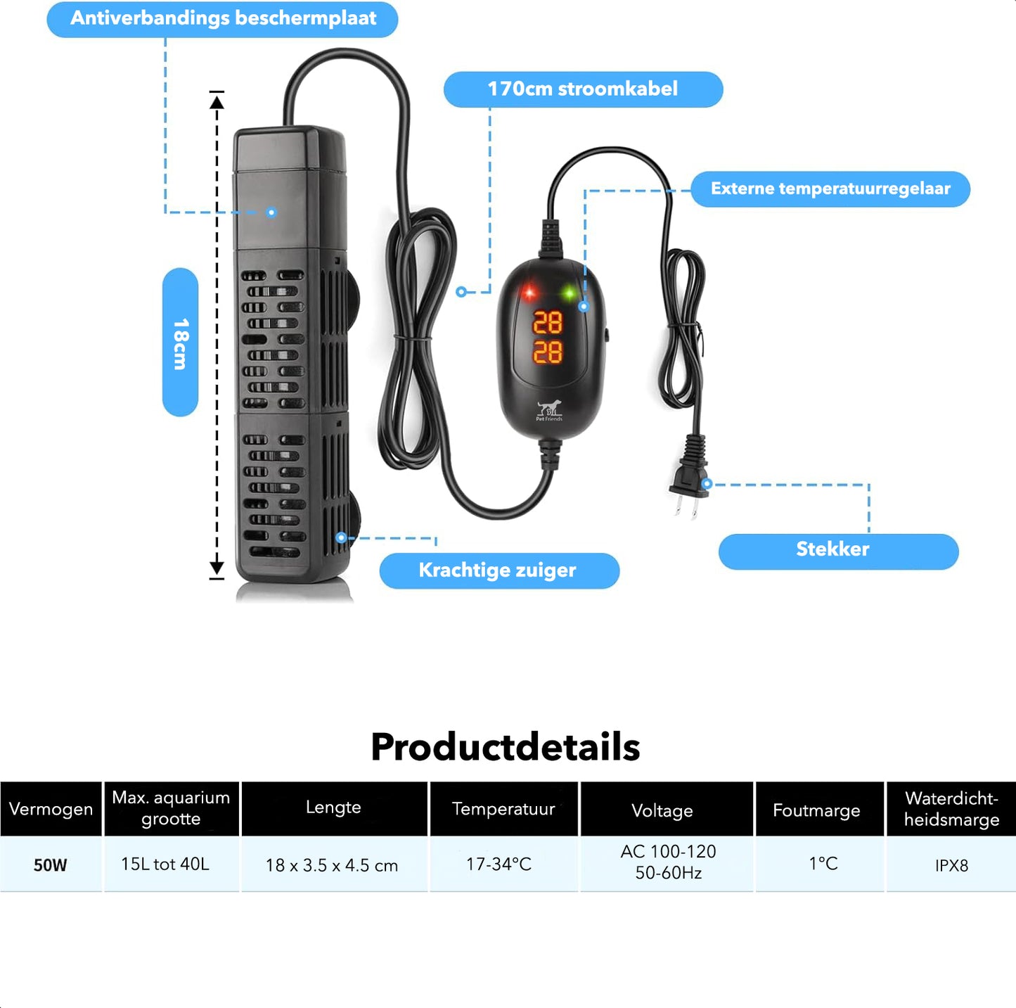 PetFriends Professionele Aquarium verwarming 50W met Slimme Digitale Thermometer