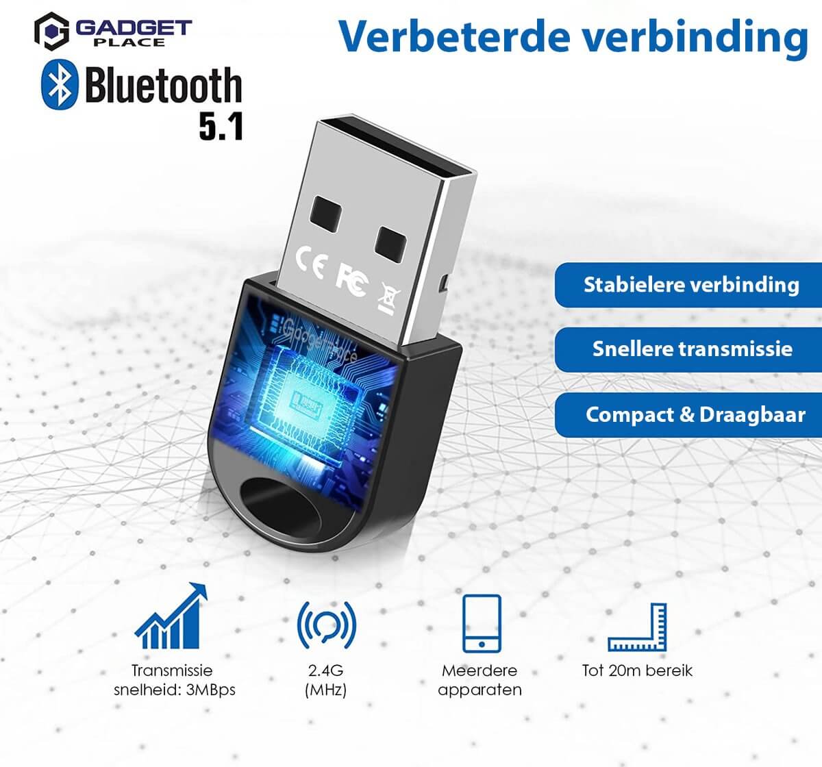 Bluetooth 5.1 Adapter voor PC: Dongle voor Windows 11/10/8.1/8/7/XP - De Gatgetwinkel