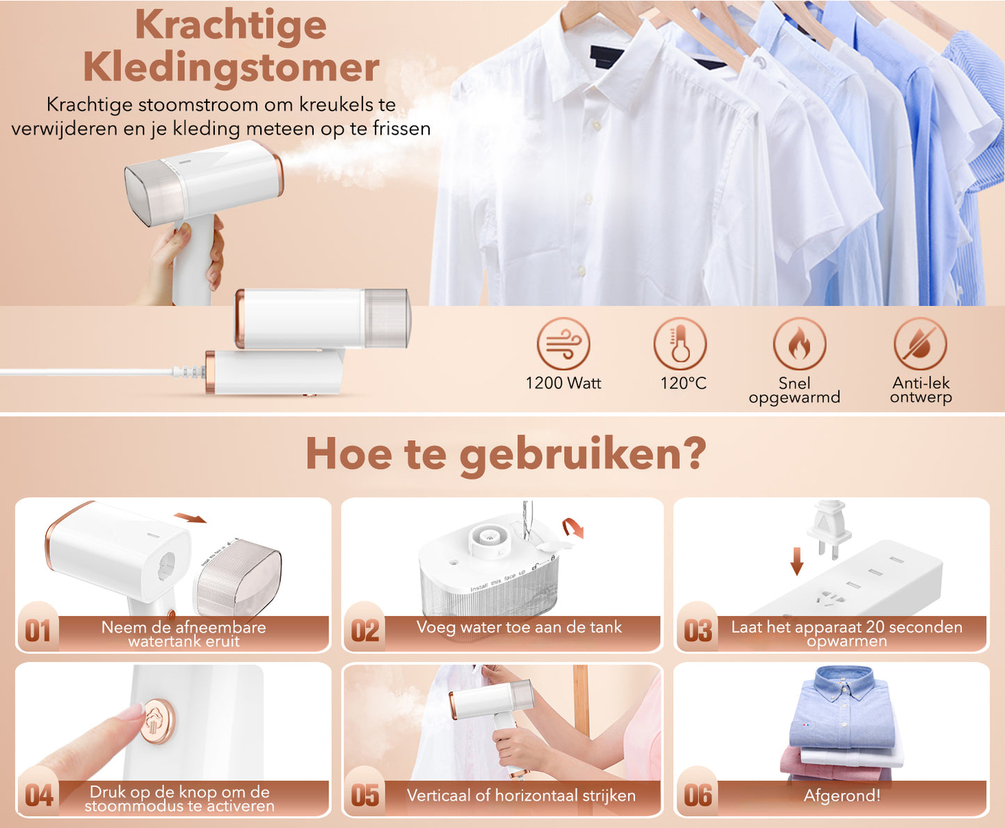 Cleanforce Kledingstomer met Afneembare watertank: Reisvriendelijk - 120ML