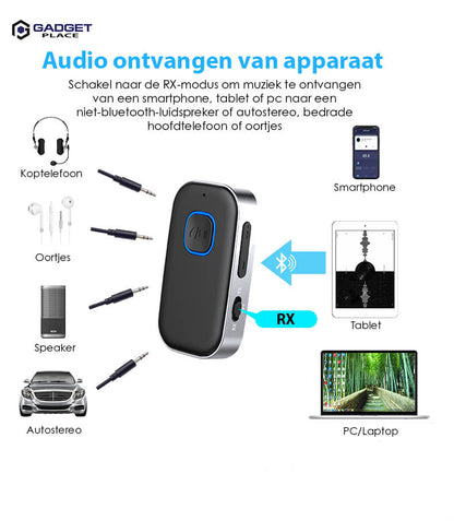 Bluetooth 5.0 Transceiver met 3.5mm AUX & Handsfree - De Gatgetwinkel