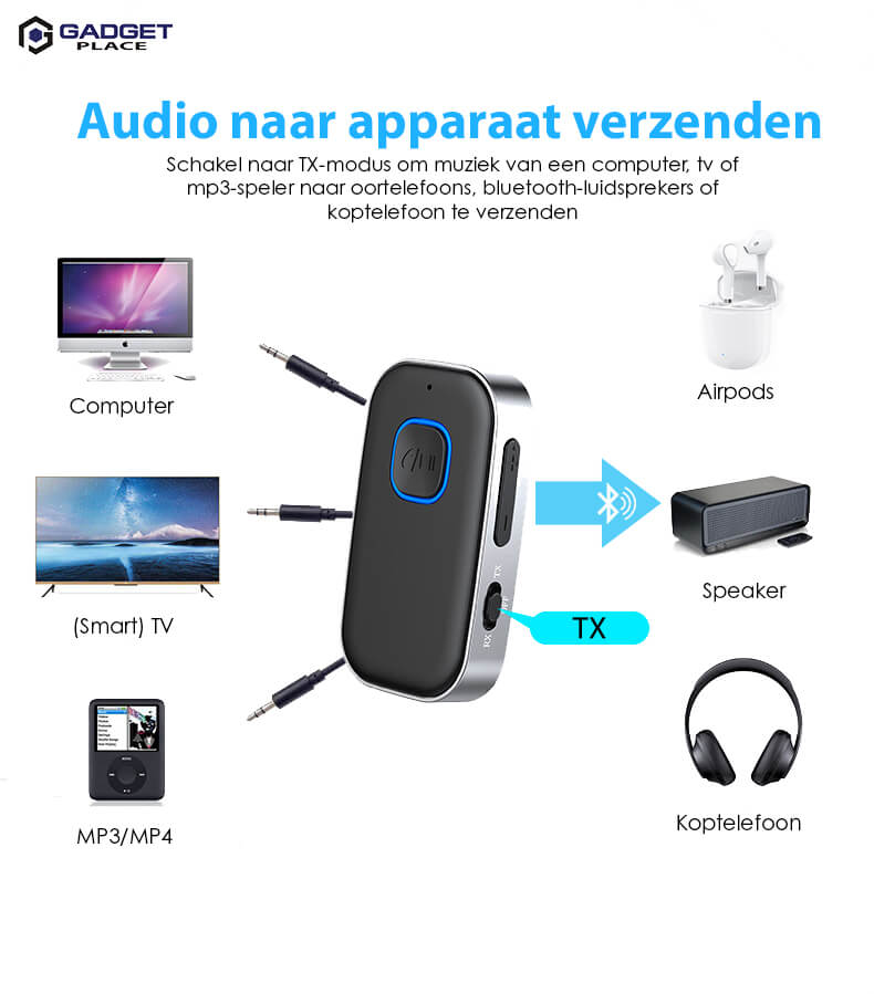 Bluetooth 5.0 Transceiver met 3.5mm AUX & Handsfree - De Gatgetwinkel