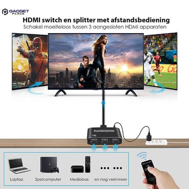 Gadgetplace HDMI Switch Pro 3-in-1 met Afstandsbediening: 4K @ 60Hz, HDMI Splitter - De Gatgetwinkel