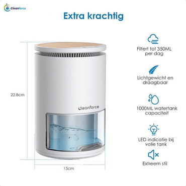 Cleanforce Luchtontvochtiger 1000ml: Extreem Stil, 2-in-1 Luchtreiniger - De Gatgetwinkel