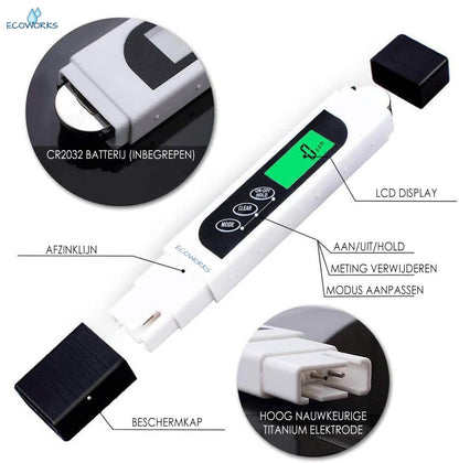 Ecoworks Digitale TDS/EC Meter met Temperatuurmeting: Inclusief Batterij - De Gatgetwinkel