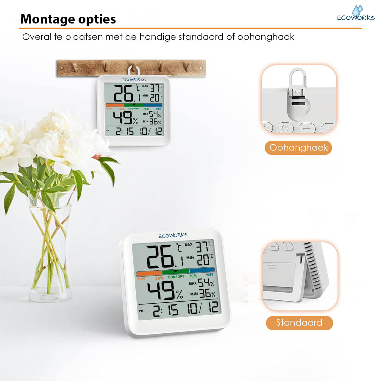 Ecoworks Weerstation Hygrometer met Achtergrondverlichting: Inclusief Batterijen - De Gatgetwinkel