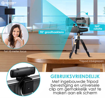 Full HD Pro Webcam 1080P met Ruisvrije Microfoon: Inclusief Tripod en Cover, voor Laptop & PC - De Gatgetwinkel
