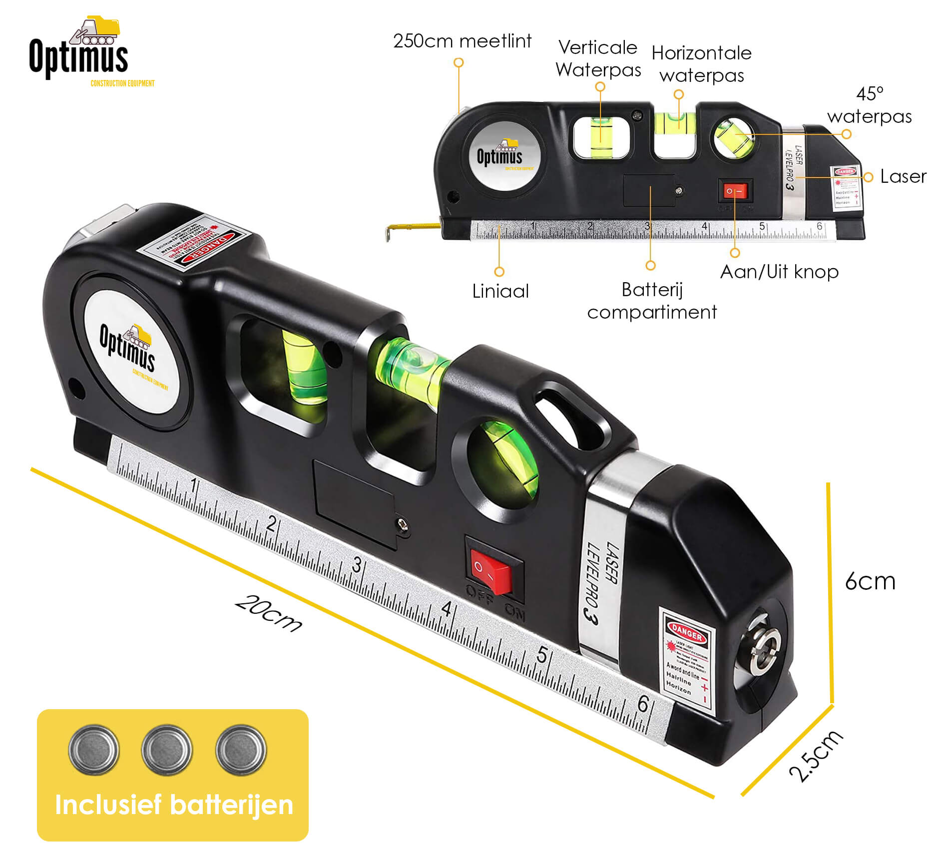 Professionele 4-in-1 Laser Waterpas: Inclusief Batterij - Kruislijnlaser - Lijnlaser - Rolmaat, Liniaal & Waterpas - De Gatgetwinkel