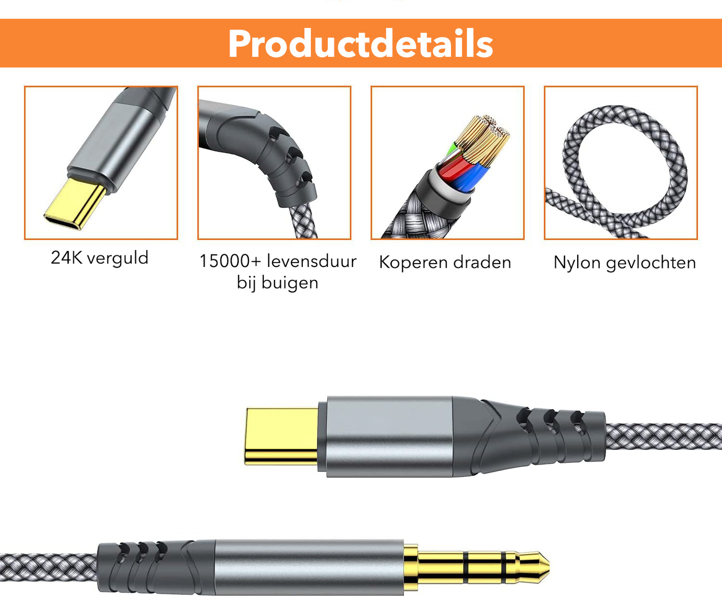 Gadgetplace USB C naar AUX Kabel 3.5mm: 1 Meter - Geschikt voor iPhone & Android