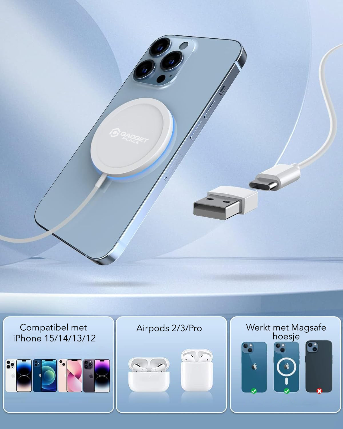 Gadgetplace Draadloze oplader 15W : Magnetisch & Geschikt voor Magsafe & iPhone 15/14/13/12 Pro series