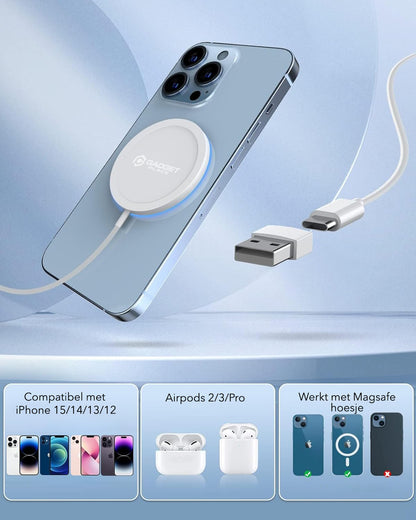 Gadgetplace Draadloze oplader 15W : Magnetisch & Geschikt voor Magsafe & iPhone 15/14/13/12 Pro series
