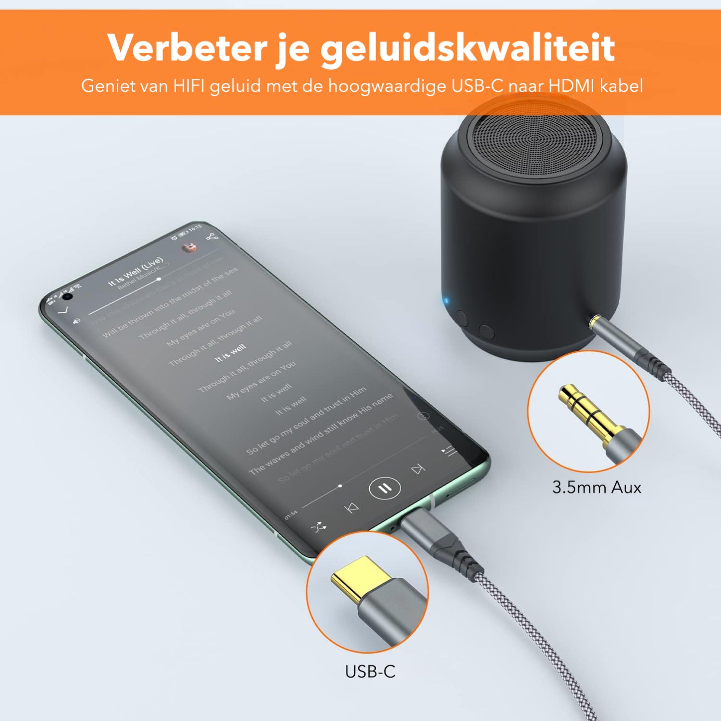 Gadgetplace USB C naar AUX Kabel 3.5mm: 1 Meter - Geschikt voor iPhone & Android