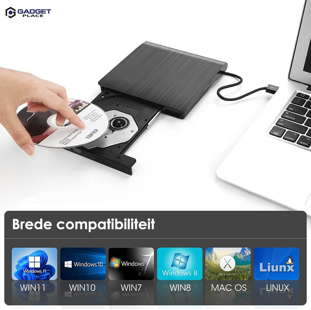Externe DVD Speler en Brander met USB 3.0 en USB-C: Voor Laptop & Macbook, Plug & Play - De Gatgetwinkel
