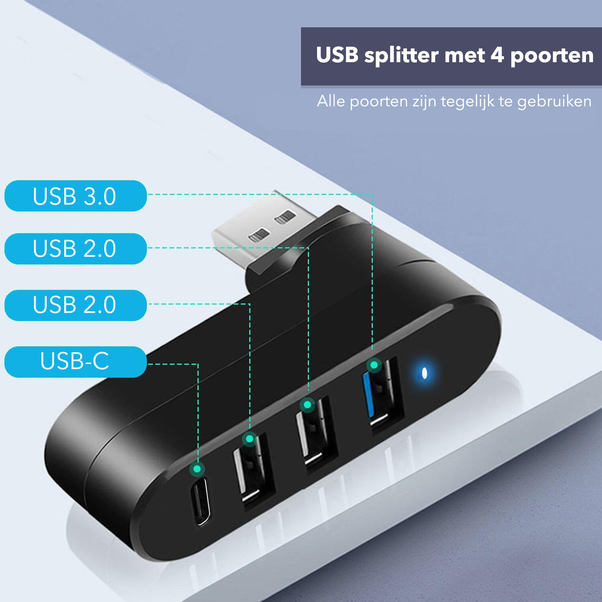 USB-splitter 4-poorts – Draaibaar 180°, Compact, Voor Laptop, Pc En Tablet – Zwart, Met USB 3.0 En 2.0 Poorten – Plug & Play