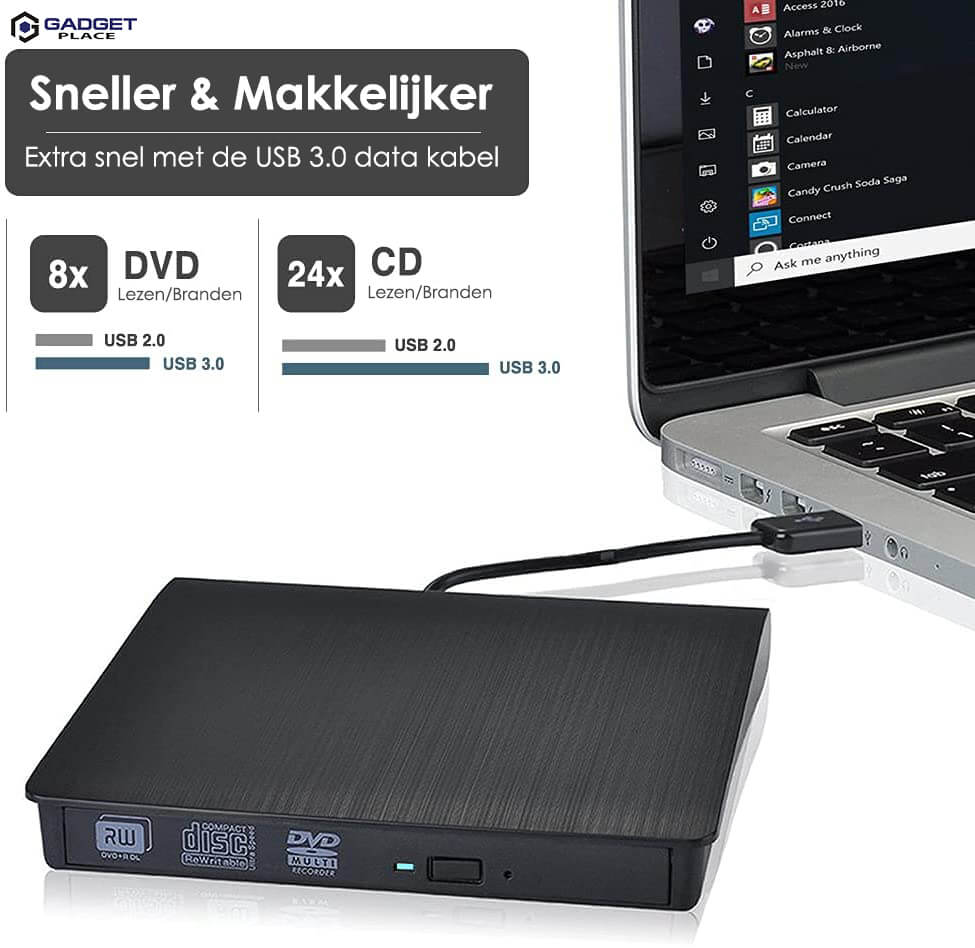 Externe DVD Speler en Brander met USB 3.0 en USB-C: Voor Laptop & Macbook, Plug & Play - De Gatgetwinkel