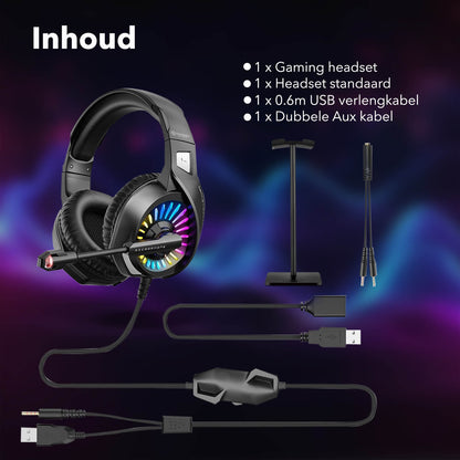 Gadgetplace Gaming Headset met Microfoon: Inclusief Houder, LED, RGB, Bedraad - De Gatgetwinkel