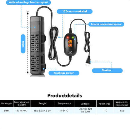 PetFriends Professionele Aquarium verwarming 50W met Slimme Digitale Thermometer