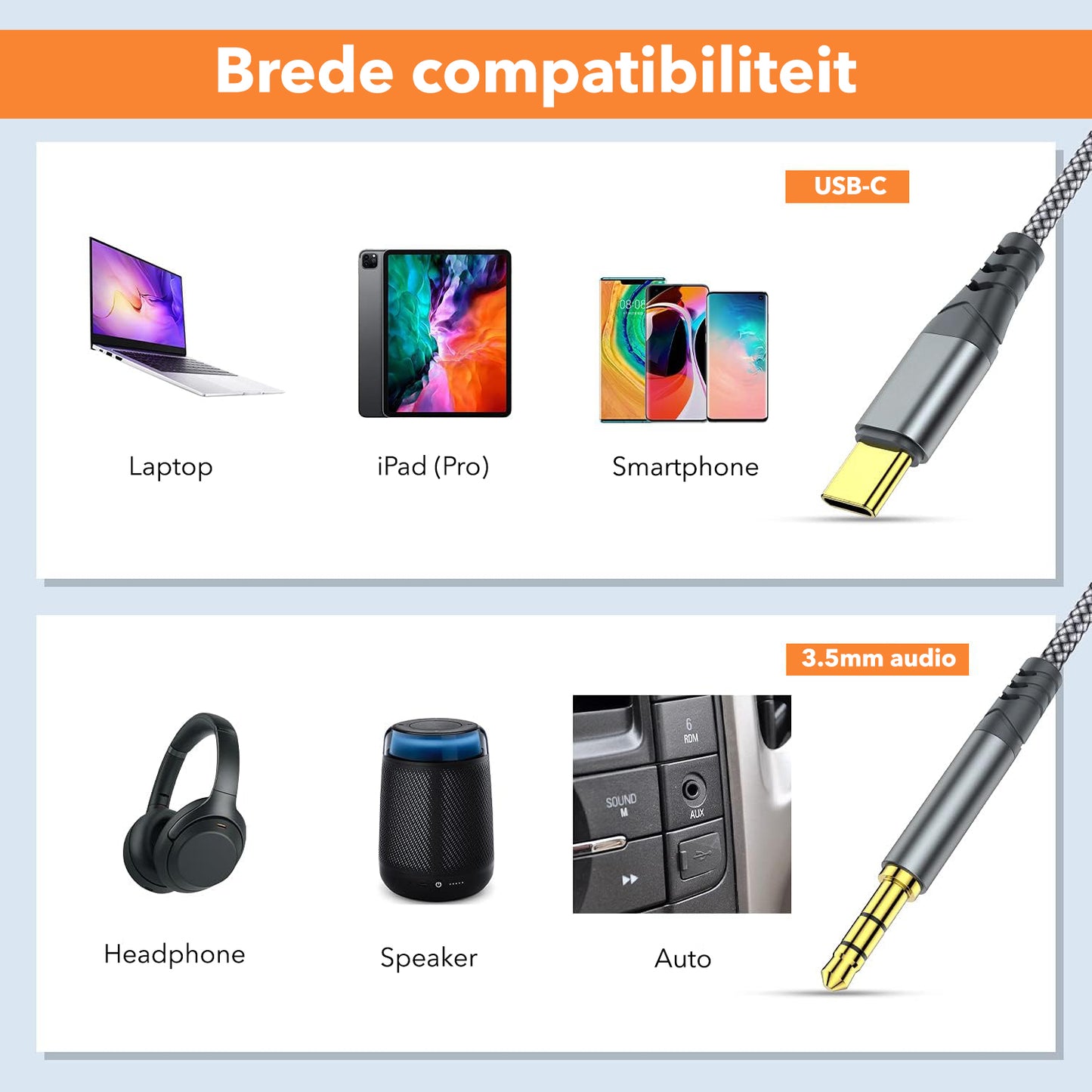 Gadgetplace USB C naar AUX Kabel 3.5mm: 1 Meter - Geschikt voor iPhone & Android