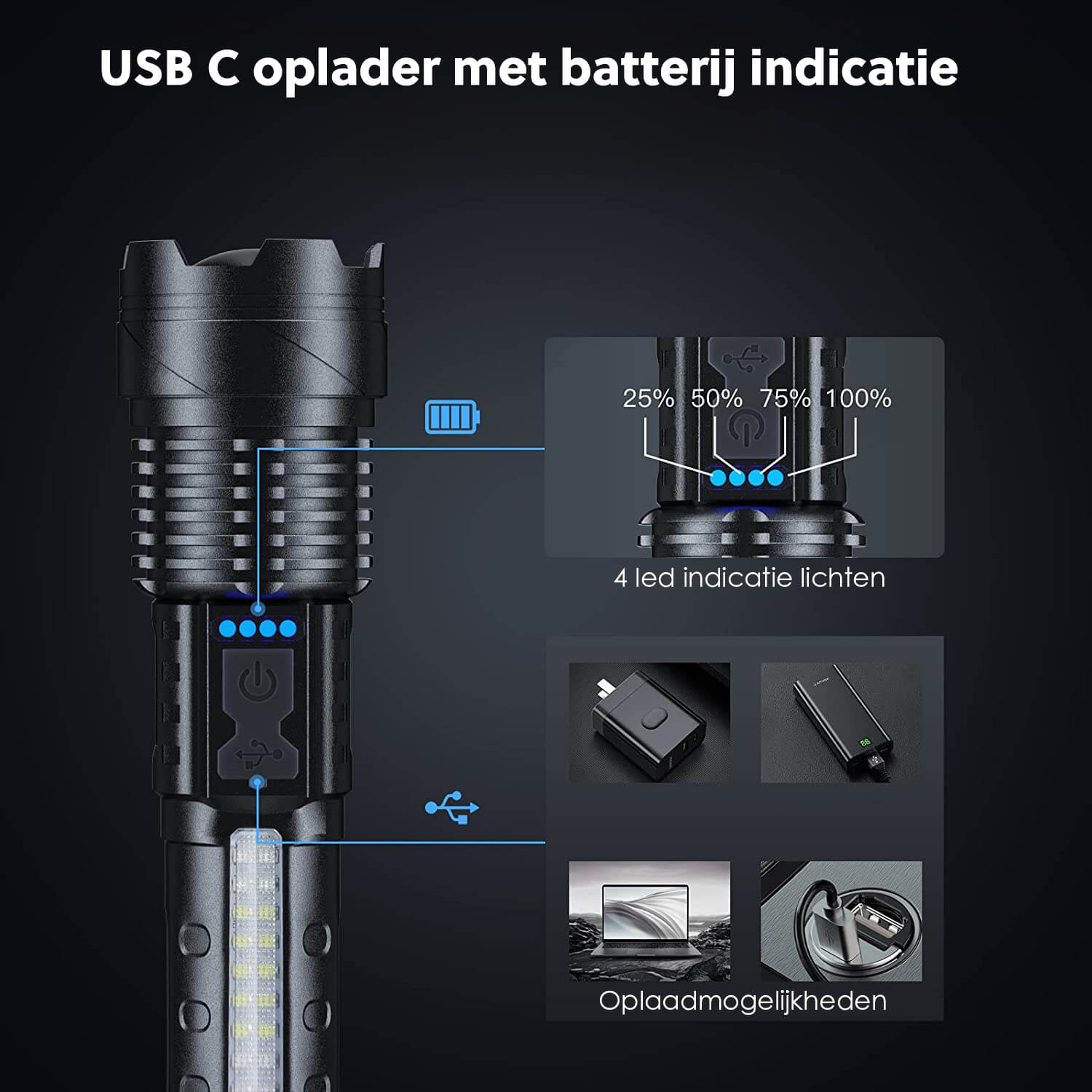 Oplaadbare LED Zaklamp: Militair Ontwerp - 7 Lichtstanden - USB-C - 2200 lumen - De Gatgetwinkel