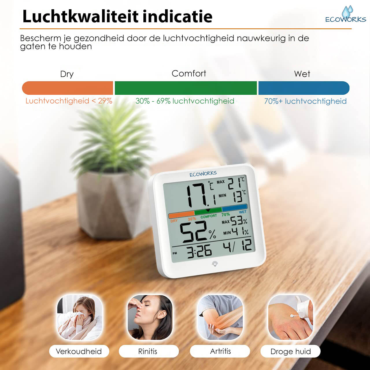 Ecoworks Weerstation Hygrometer met Achtergrondverlichting: Inclusief Batterijen - De Gatgetwinkel