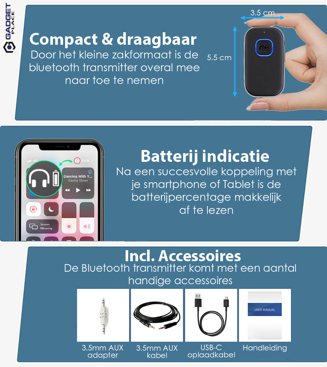 Bluetooth 5.0 Transceiver met 3.5mm AUX & Handsfree - De Gatgetwinkel