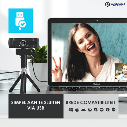 Full HD Pro Webcam 1080P met Ruisvrije Microfoon: Inclusief Tripod en Cover, voor Laptop & PC - De Gatgetwinkel
