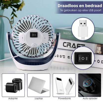 Mini Ventilator met 3 Windstanden: Draadloos - Tafelventilator - USB - De Gatgetwinkel