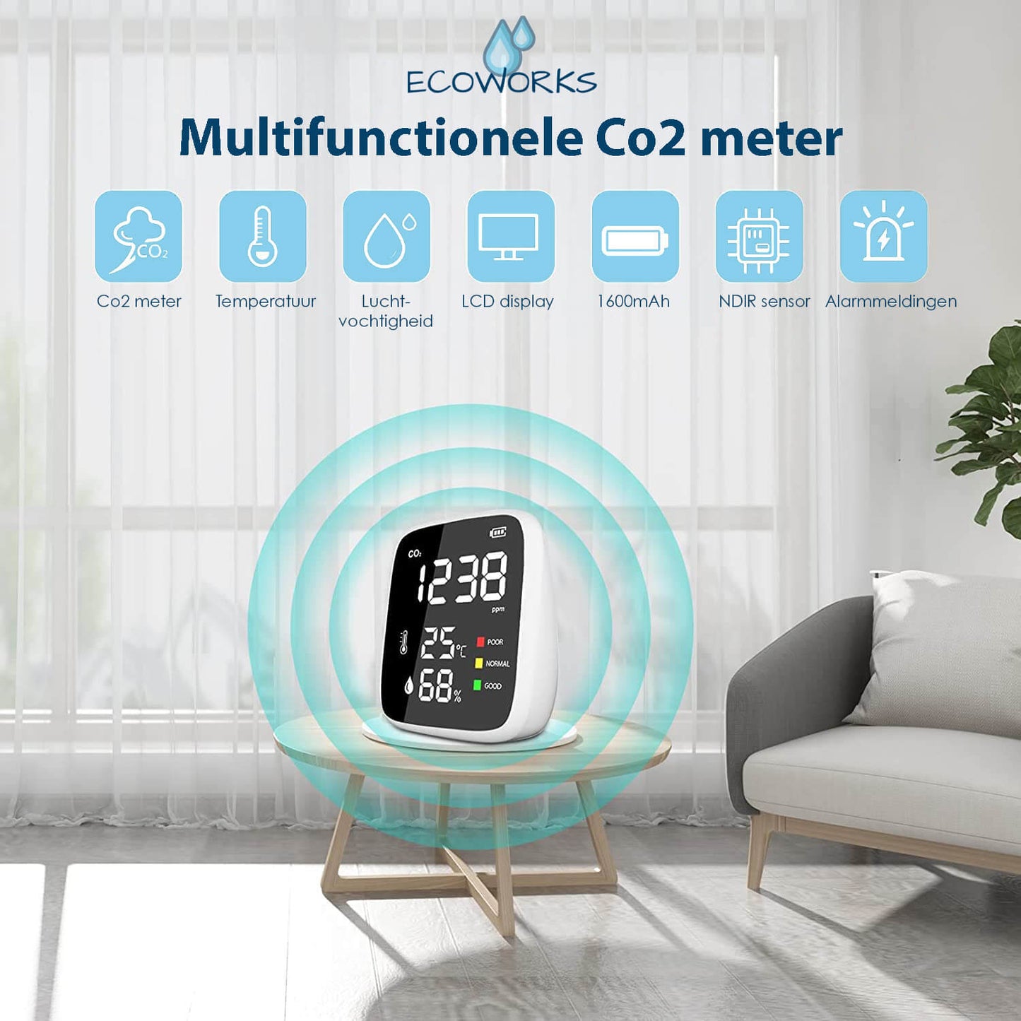 Ecoworks Draadloze 3-in-1 CO2 Meter: Luchtkwaliteitsmeter & Monitor - De Gatgetwinkel