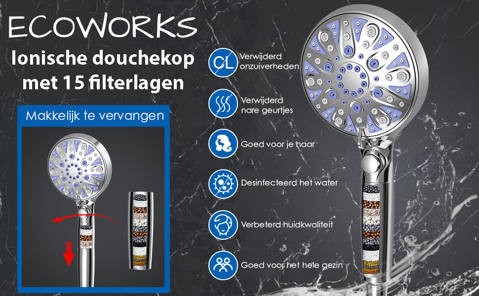 Ecoworks Ionische Douchekop met Hoge druk straal Incl. Doucheslang: 15 filterlagen - Waterbesparend
