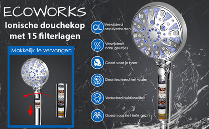 Ecoworks Ionische Douchekop met Hoge druk straal Incl. Doucheslang: 15 filterlagen - Waterbesparend