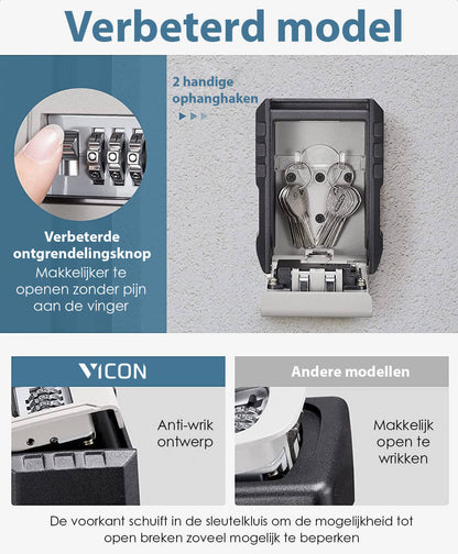 Vicon Sleutelkluis: Wandmontage - Verbeterd Model - 4-cijferige Code - Waterdicht - De Gatgetwinkel