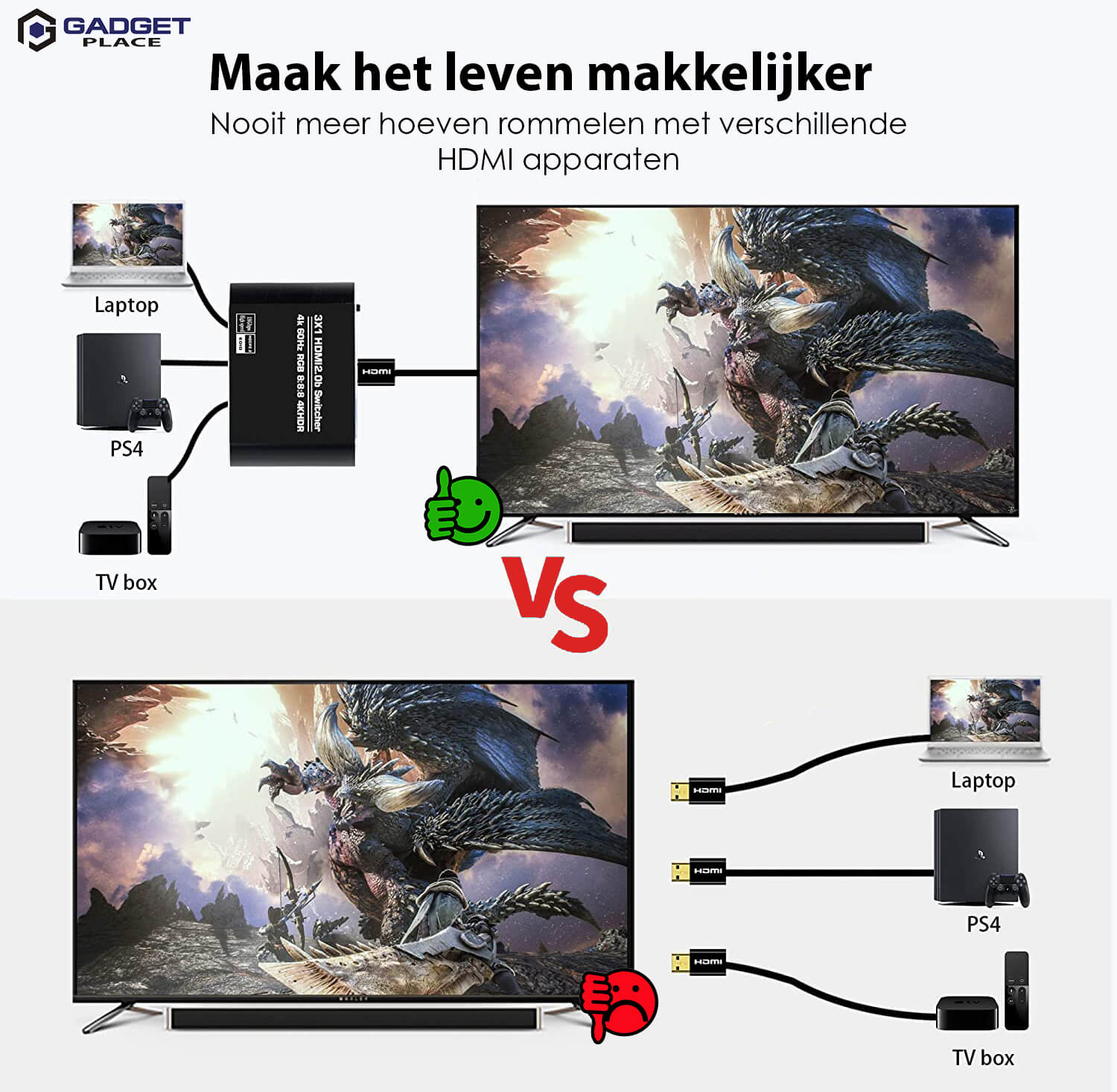 Gadgetplace HDMI Switch Pro 3-in-1 met Afstandsbediening: 4K @ 60Hz, HDMI Splitter - De Gatgetwinkel