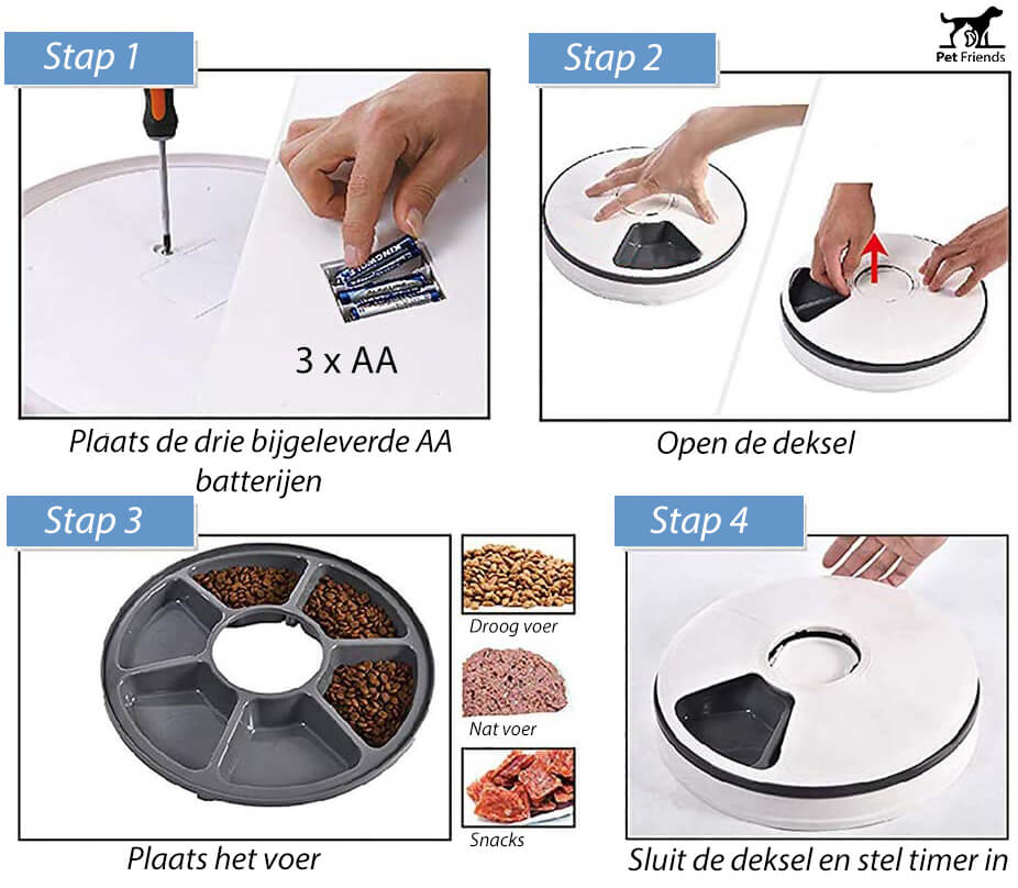 PetFriends Automatische Voerbak: Inclusief Batterijen - 6 Compartimenten - 24-uurs Timer - De Gatgetwinkel