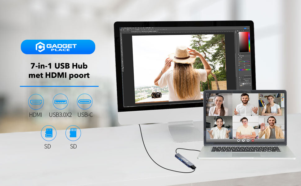 Gadgetplace USB Hub 3.0 met HDMI Poort incl. USB Adapter: 7 Poorten & 5GBps snelheid
