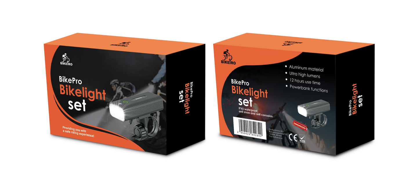 BikePro LED-fytsljochtset: USB-oplaadbere foar- en efterljocht