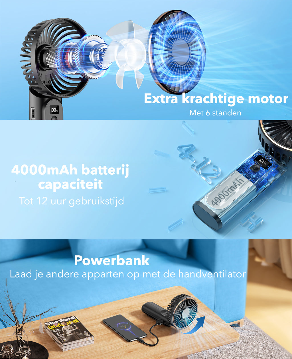 Gadgetplace Handventilator met 6 Windstanden: Met Powerbank functie