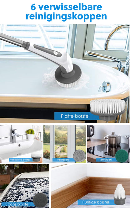 Cleanforce Elektrische Schoonmaakborstel met Steel en 6 Opzetstukken - De Gatgetwinkel