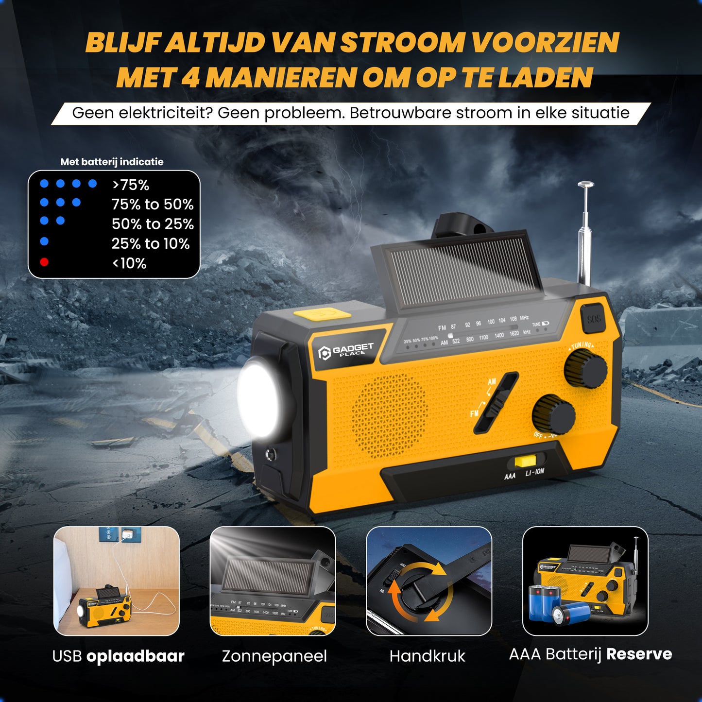 Gadgetplace Noodradio met SOS Alarm en 3 ingebouwde Kabels