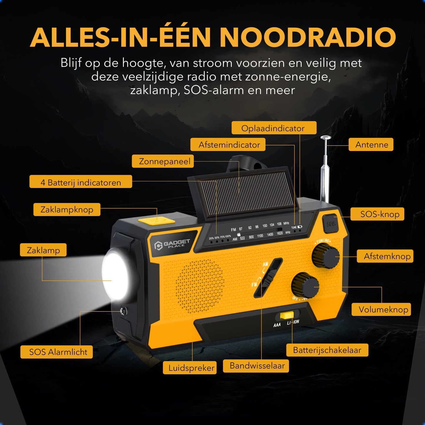 Gadgetplace Noodradio met SOS Alarm en 3 ingebouwde Kabels