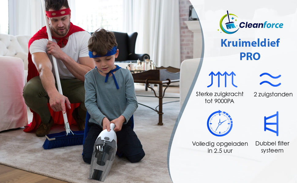 Cleanforce Kruimelzuiger Pro Snoerloos: 2 krachtige zuigstanden, Nat & Droog