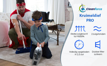 Cleanforce Kruimelzuiger Pro Snoerloos: 2 krachtige zuigstanden, Nat & Droog