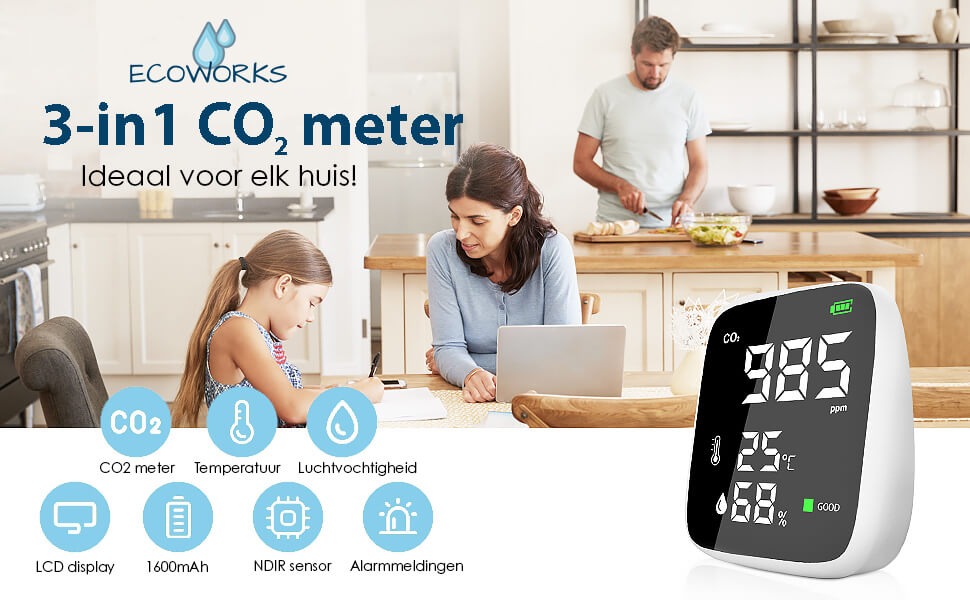 Ecoworks Draadloze 3-in-1 CO2 Meter: Luchtkwaliteitsmeter & Monitor - De Gatgetwinkel