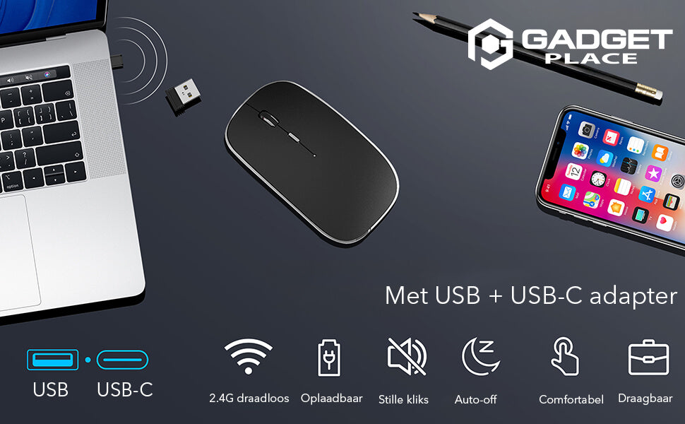 Gadgetplace Draadloze Muis: Ergonomisch, Stille Klik, USB-C - De Gatgetwinkel