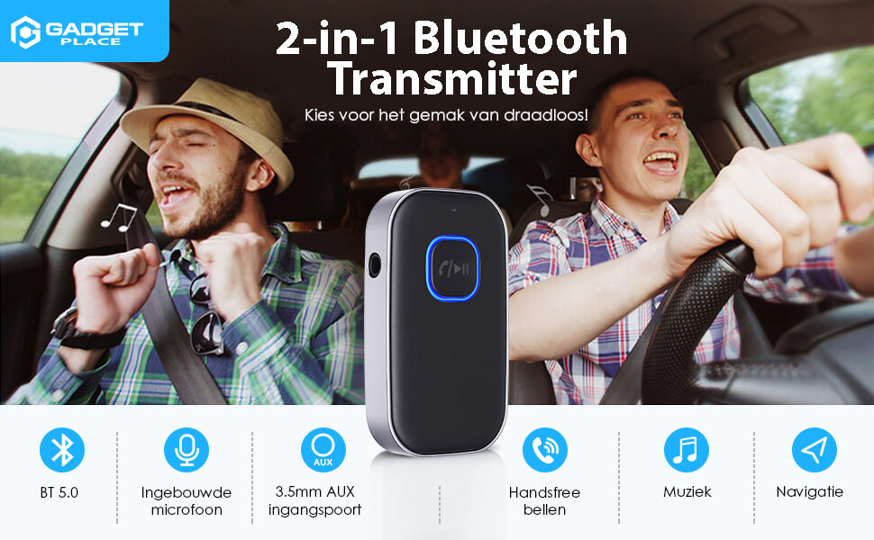 Bluetooth 5.0 Transceiver met 3.5mm AUX & Handsfree - De Gatgetwinkel